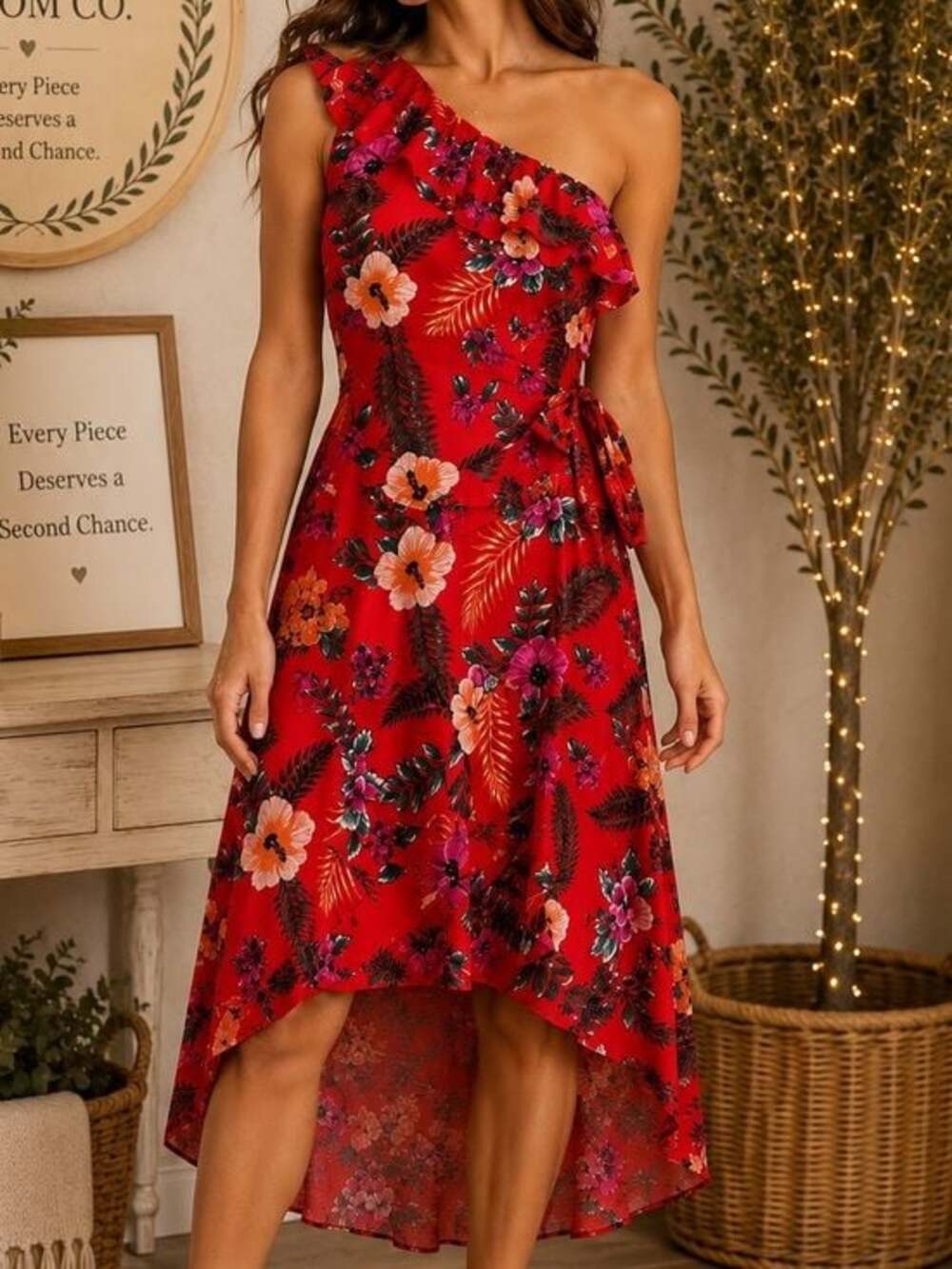 Motel One Red Tropical Floral One-Shoulder High-Low Wrap Dress Women’s Medium